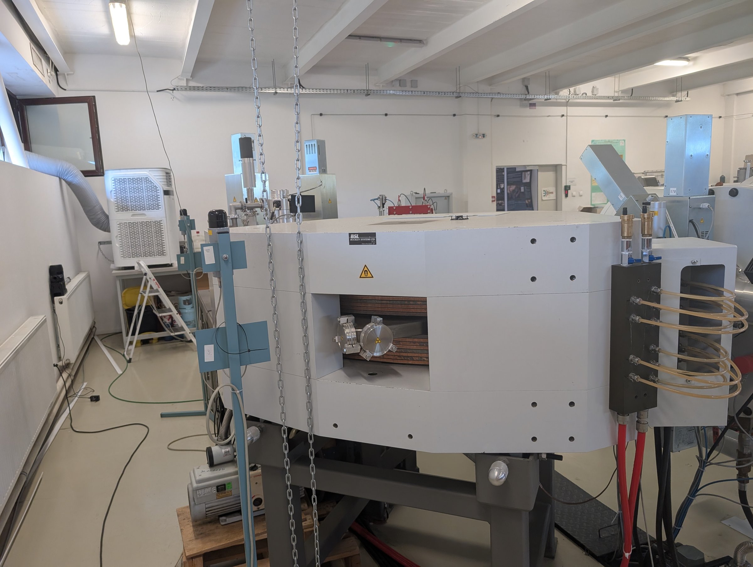 High-energy analysing magnet of the 1 MV AMS — Bruker Biospin dipole on its support frame