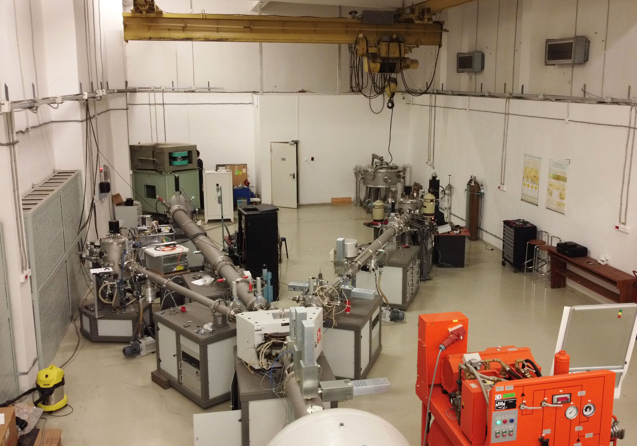 High-angle view of the 3 MV Tandetron hall showing the switching magnet feeding the three beam lines
