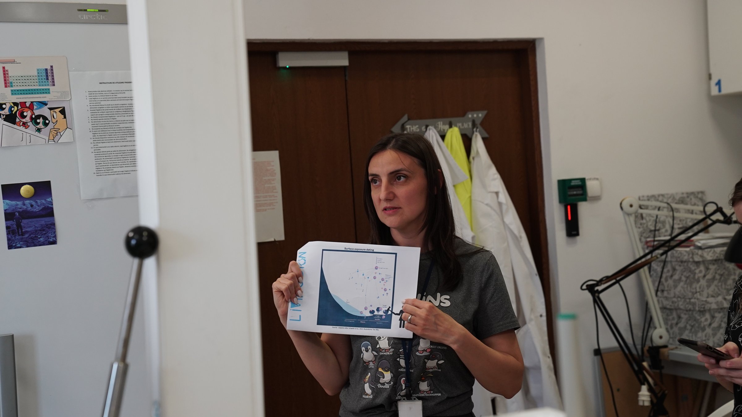 A DFNA researcher presenting a surface-exposure dating diagram during a lab visit