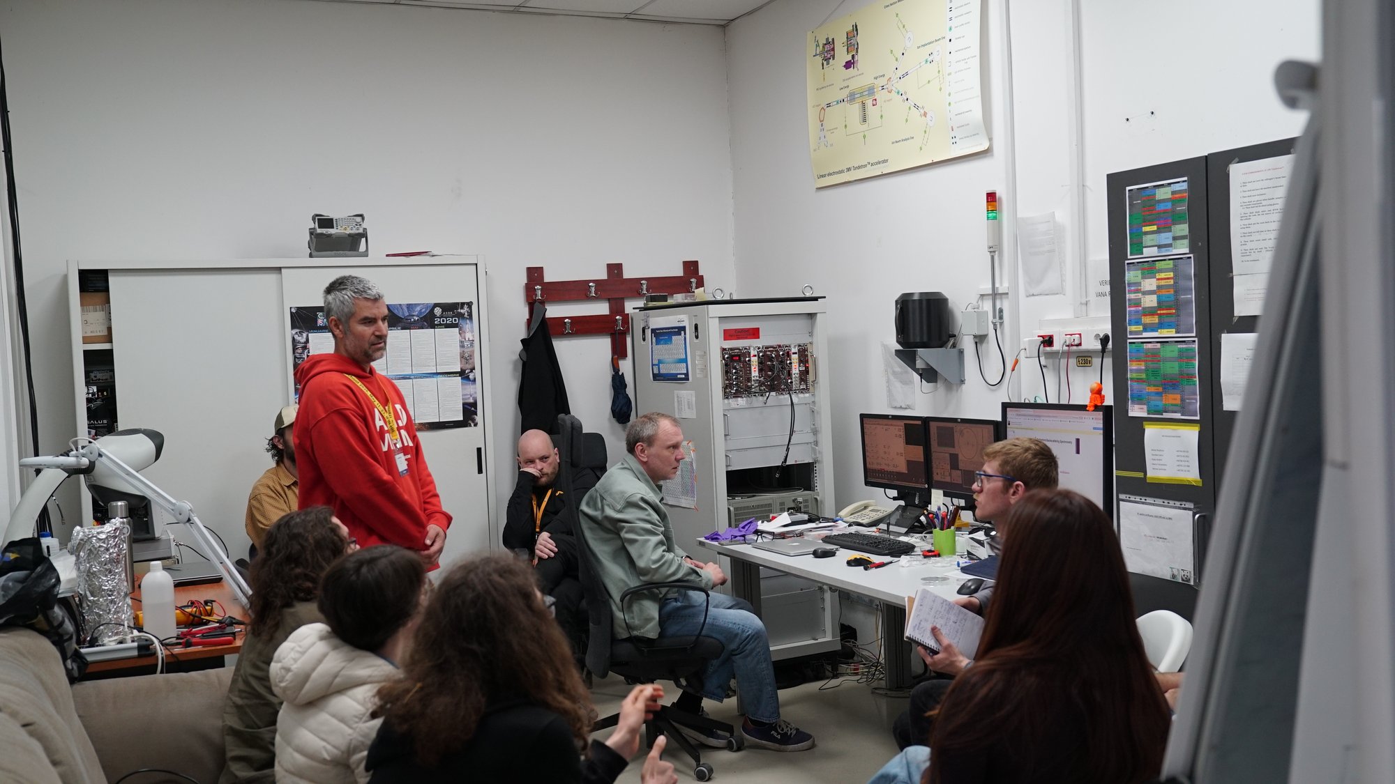 The group at the accelerator beamline discussing the setup