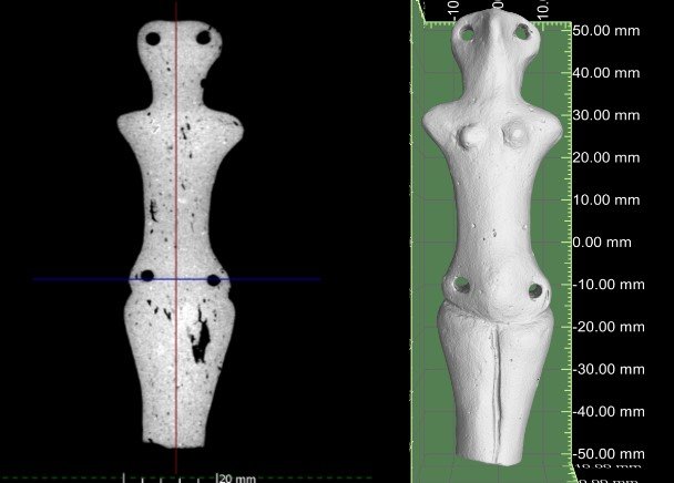 CT cross-section and 3D reconstruction of an anthropomorphic statuette