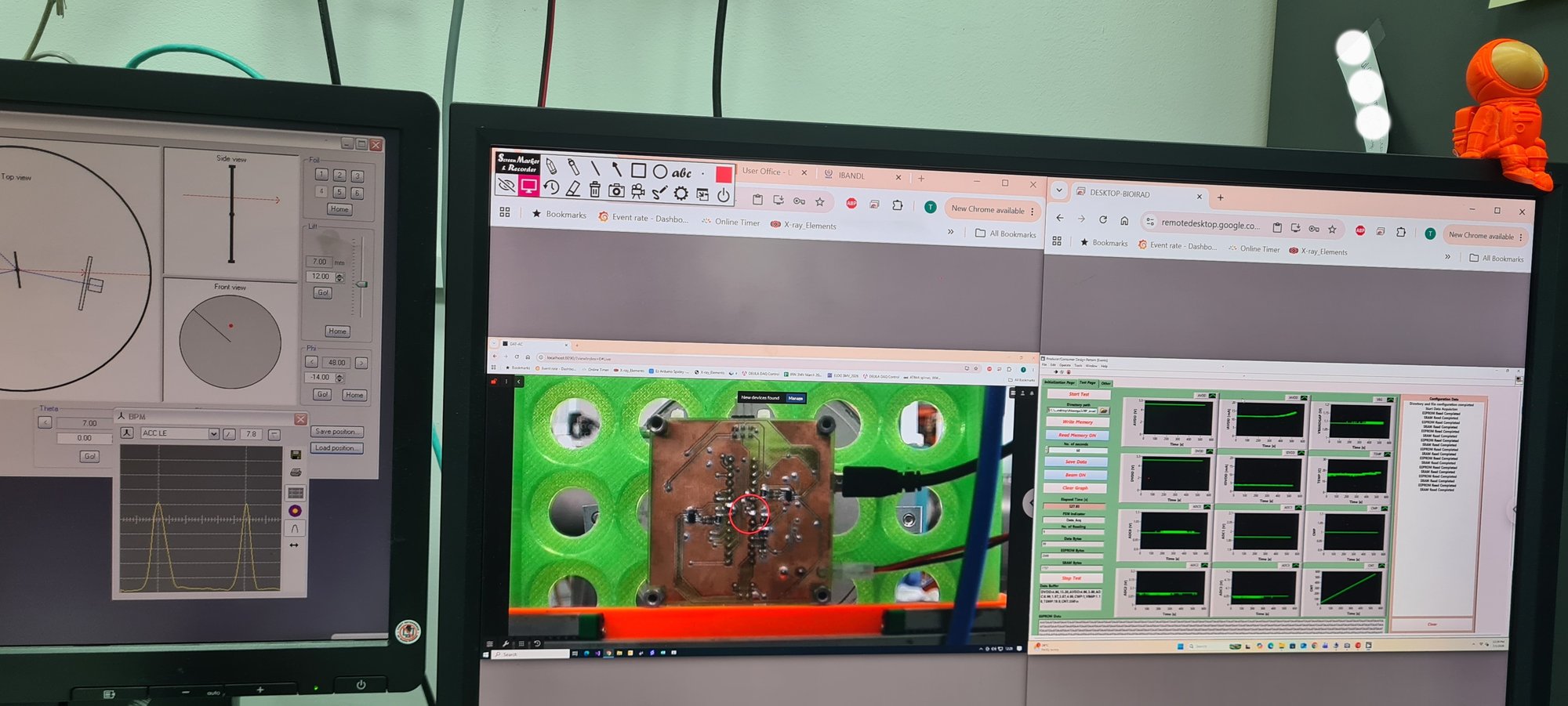 Monitors showing live measurements during proton irradiation of electronic components